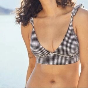 Aerie Gingham Seersucker Ruffle Triangle Bikini Top Black White XL NWT